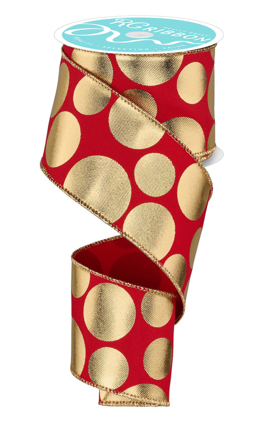 The 2.5"X10Yd Gold 3 Size Multi Dots Red/Gold RGF113624 ribbon spool highlights eye-catching gold metallic polka dots against a vivid red backdrop. The ribbon is artfully unraveled and coiled, elegantly displaying the design.