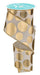 A 2.5x10yd ivory/gold ribbon (RGF113630) featuring shiny multi-size gold dots and elegant gold edges, partially unspooled in a loose curl.