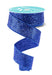 The 1.5X10YD Royal Blue Laser Glitter Ribbon (RGF153225) unwinds in a sparkling spiral. The wired ribbon is glittery, with a turquoise label atop the spool.