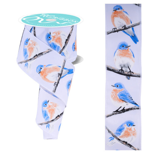 The 2.5X10YD Chubby Birds Ribbon (RGF1571RW) showcases blue and orange birds on gray branches against a white, wired ribbon backdrop, offering a delightful nature-inspired charm.