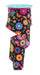 The 2.5X10YD Black Multi Fiesta Florals Ribbon (RGF1588) features a colorful floral pattern on a black background, with vibrant pink, blue, yellow, and green flowers spiraling across its wired design effortlessly.