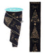 A 2.5x10yd spool of Black/Gold Metallic Swirl Christmas Trees Ribbon (RGF162302), partially unrolled to reveal intricate gold glitter designs of trees, stars, and bursts on a shimmering background.