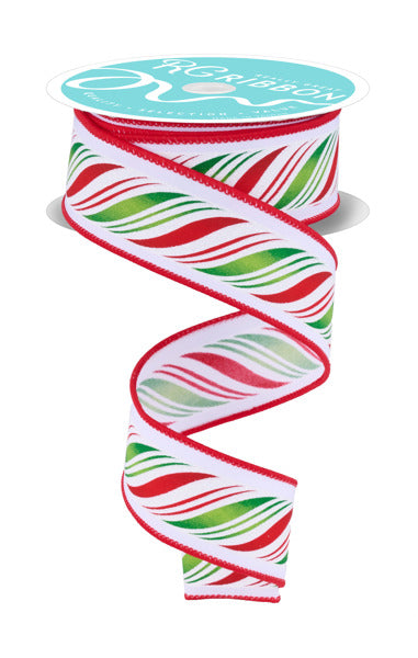 A spool of 1.5 x 10yd White/Red/Green/Silver Peppermint Twist Ribbon (RGF174967) features diagonal swirl stripes edged in red, shown unspooling in a loose spiral.
