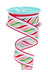 A spool of 1.5 x 10yd White/Red/Green/Silver Peppermint Twist Ribbon (RGF174967) features diagonal swirl stripes edged in red, shown unspooling in a loose spiral.