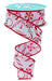 The 1.5 X10Yd White/Red Glitter Candy/Candy Cane Ribbon RGF180427 features red peppermint candies and candy canes, plus glitter accents along the red edges, unrolling in a spiral shape.