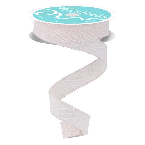 The 7/8 x 10YD Cream and White Mini Harlequin Ribbon (RGF7695C2) unrolls in a loose spiral, featuring a cream and white diamond pattern with a translucent look. The spool has a blue and white label with decorative text.