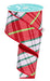 A partially unrolled roll of 2.5 X 10Yd Black/White/Red/Lime Bias Cut Dupioni Plaid/Fused ribbon, RGX0116YX, showcases its festive design with a visible circular label.