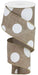 A 2.5 x 10 yd spool of beige/white ribbon with large multi dots (RX914301), unspooled in a loose spiral.