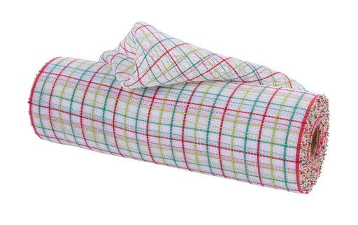 The 10.25x10yd Fine Weave Faux Jute Check Mesh (RY5003AC) features a white base with red, emerald, and lime checks, partially unrolled on a white background.