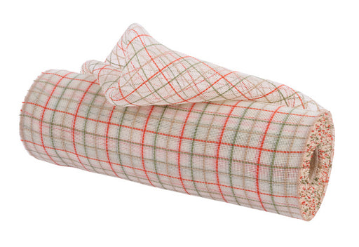 A roll of 10.25 x 10yd Cream/Natural/Orange/Moss Fine Weave Faux Jute Check Mesh (RY5003KN) is partially unrolled on a white background, showcasing its distinctive check pattern.