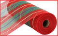A 10.25 x 10 yd Red/Emerald/Royal Blue/Gold Faux Jute Thick Stripe Mesh (RY8334X7) ribbon roll is displayed on a white background with a red border.