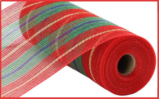 A 10.25 x 10 yd Red/Emerald/Royal Blue/Gold Faux Jute Thick Stripe Mesh (RY8334X7) ribbon roll is displayed on a white background with a red border.
