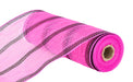 The 10.5X10Yd Faux Jute Striped Mesh Hot Pink/Black RY8337JR is shown partially unrolled on a white background, revealing its see-through, textured hot pink mesh with bold thin black stripes.