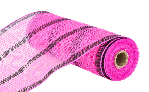 The 10.5X10Yd Faux Jute Striped Mesh Hot Pink/Black RY8337JR is shown partially unrolled on a white background, revealing its see-through, textured hot pink mesh with bold thin black stripes.