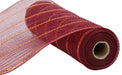 A partially unrolled roll of 10.25X10Yd Wide/Thin Foil Stripe Mesh in burgundy, red, and orange with gold accents rests on a white background.