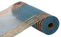 A 10.25x10yd mesh ribbon in smoke blue with shiny orange foil stripes and a faux jute border (RY8802FX), partially unrolled on a white background.