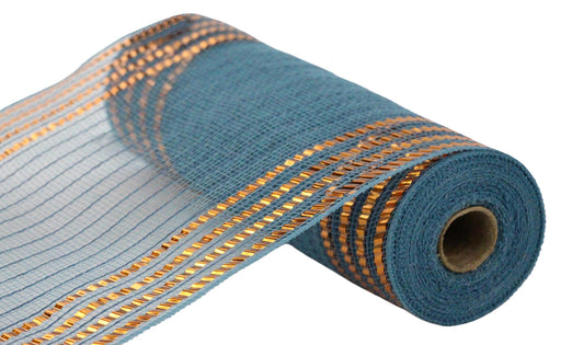 A 10.25x10yd mesh ribbon in smoke blue with shiny orange foil stripes and a faux jute border (RY8802FX), partially unrolled on a white background.