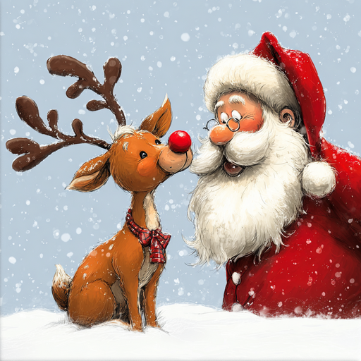 Santa Claus smiles at a cheerful red-nosed reindeer with a plaid bow as snow falls on a light blue background in the 10 x 10 Santa & Reindeer Sign TTE-330—a charming Christmas decor piece for your home.