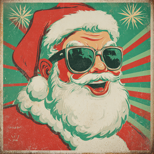 Add vintage flair to your holiday decor with the 10 x 10 Retro Santa with Sunglasses Sign (TTE-326)—featuring Santa in black sunglasses and a red hat on a green and red starburst background with a classic textured look.