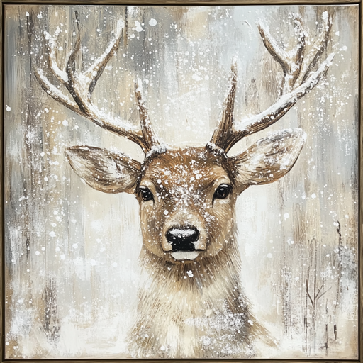 The 10" x 10" Rustic Deer with Falling Snow Sign TTE-130 showcases a forward-facing deer with antlers set against a snowy backdrop. The artwork is crafted with soft, earthy tones and depicts a textured, winter scene adorned with white snowflakes gently falling around the deer.