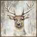 The 10" x 10" Rustic Deer with Falling Snow Sign TTE-130 showcases a forward-facing deer with antlers set against a snowy backdrop. The artwork is crafted with soft, earthy tones and depicts a textured, winter scene adorned with white snowflakes gently falling around the deer.