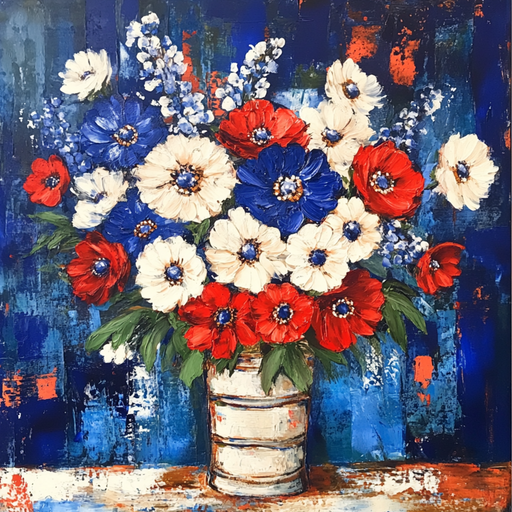 The 10 x 10 Rustic Patriotic Floral Bouquet Sign TTE-187 showcases a bouquet of red, white, and blue flowers in a striped vase. It features lush green leaves against a textured blue and orange background that enhances its oil painting appearance and vivid blossom colors.