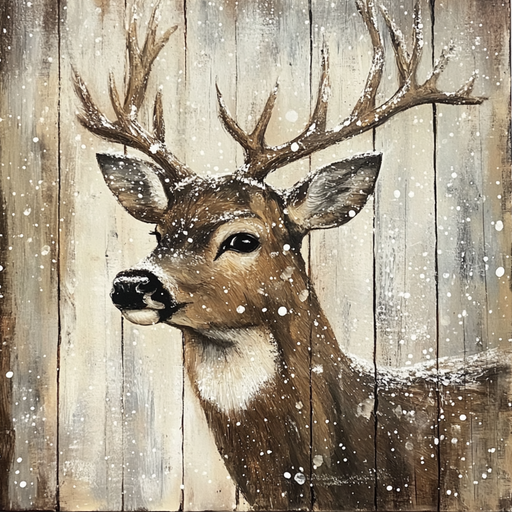 The 10" x 10" Rustic Deer with Falling Snow Sign (2) TTE-136 showcases a deer with antlers set against a backdrop of rustic wooden planks, with snowflakes gently falling to create a charming wintery atmosphere.