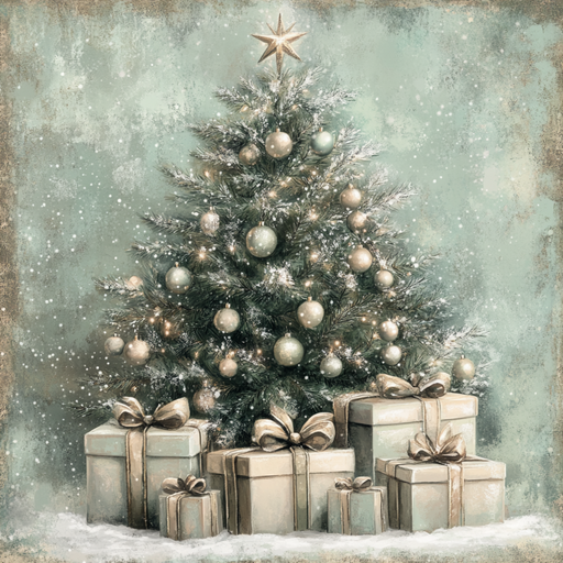 A Christmas tree adorned with Sage & Champagne ornaments stands in falling snow, with gifts wrapped in elegant paper and gold ribbons at its base, echoing the serene scene of the 10 x 10 Mint & Champagne Christmas Scene Sign (TTE-115).
