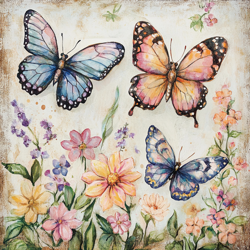 The 10 x 10 Spring Butterflies Sign TTE-174 features a vintage-style design with textured illustrations of three butterflies in blue, pink, and yellow fluttering over colorful daisies and wildflowers, capturing the joy of spring.