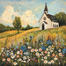 A quaint church with a steeple sits on a hill enveloped by a meadow of colorful wildflowers. The 10 x 10 Spring Church Sign TTE-241 adds charm to the scene, while birds fly above and trees grace the background beneath a partly cloudy sky.