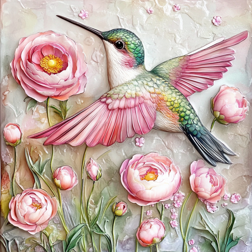 The 10 x 10 Spring Hummingbird Sign TTE-168 features a colorful hummingbird with vibrant green and pink feathers hovering among blooming pink and white flowers on a textured background, creatively capturing springs beauty in an artistic, whimsical scene reminiscent of a delicate metal sculpture.