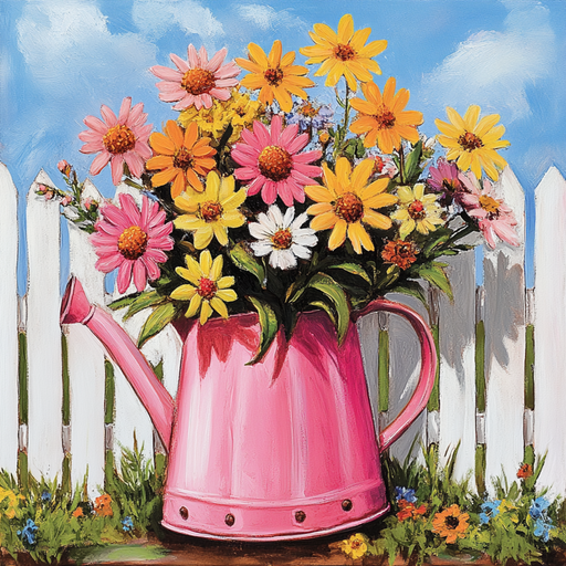 The 10 x 10 Bright Watering Can with Daisies Sign TTE-236 displays vibrant pink, orange, and yellow flowers against a white picket fence. A blue sky with clouds provides the backdrop, while colorful blooms emerge at the fences base.