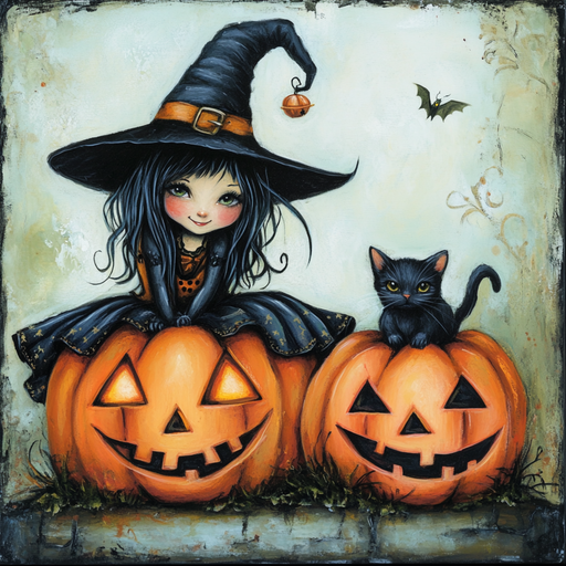 The 10 x 10 Sweet Witch/Kitty/Jack-O-Lanterns Sign (TTE-308) features a girl in a witch costume and hat sitting on a jack-o-lantern with her kitty nearby and a bat flying in the whimsical Halloween scene.