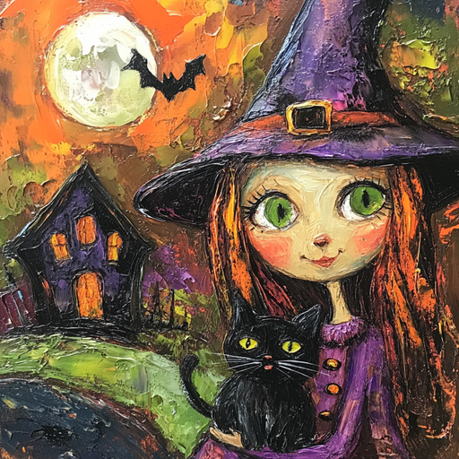 The 10 x 10 Sweet Witch & Black Cat Sign (TTE-304) features a vibrant Halloween scene with a green-eyed, red-haired witch in a purple hat holding her black cat, set against a crooked house, full moon, and flying bat.
