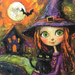 The 10 x 10 Sweet Witch & Black Cat Sign (TTE-304) features a vibrant Halloween scene with a green-eyed, red-haired witch in a purple hat holding her black cat, set against a crooked house, full moon, and flying bat.