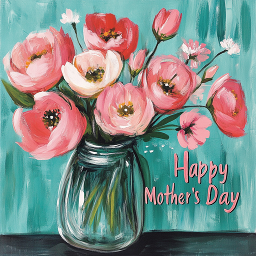 The 10 x 10 Teal Happy Mothers Day Sign TTE-223 features pink and red flowers in a glass jar set against a teal background, with Happy Mothers Day elegantly written on the right side.