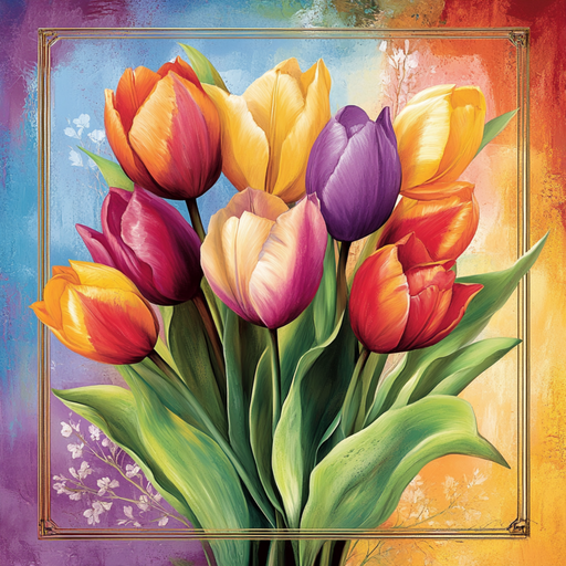 The 10 x 10 Tulip Bouquet Sign TTE-140 features vibrant purple, yellow, red, orange, green, and gold tulips on a multicolored floral background with an ornate border for a lively metal accent.