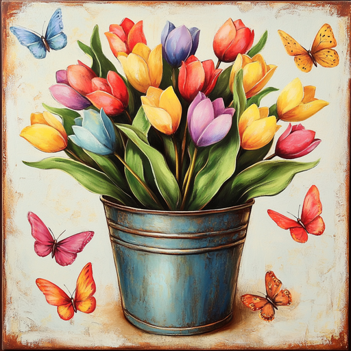 A vibrant artwork with a metal bucket of red, orange, yellow, and purple tulips, surrounded by matching butterflies on a lightly textured background, similar to the 10 x 10 Tulips & Butterflies Sign TTE-208.