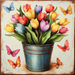 A vibrant artwork with a metal bucket of red, orange, yellow, and purple tulips, surrounded by matching butterflies on a lightly textured background, similar to the 10 x 10 Tulips & Butterflies Sign TTE-208.
