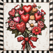 A vibrant illustration of the "10\" x 10\" Valentine Bouquet Red Bow Sign TTE-126" features heart-shaped and classic flowers in shades of red, pink, and white. Perfect for home decor, this piece is elegantly framed with a black and white striped border reminiscent of an elegant metal sign.