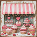 Depiction of a bakery window featuring a pink and white striped awning, evoking the charm of a Valentine's Sweet Shop. The scene displays cupcakes topped with hearts and pink frosting, complemented by a heart-shaped cake to enhance the whimsical vibe. This delightful imagery is encapsulated on the 10" x 10" Valentine's Sweet Shop Sign TTE-123.