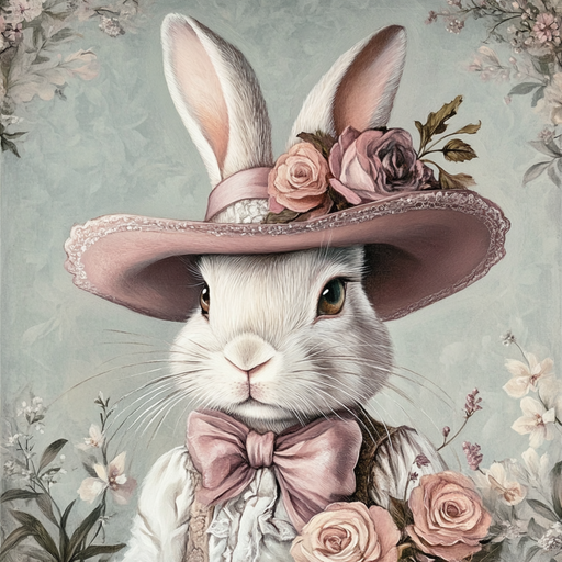 The 10 x 10 Victorian Bunny Sign TTE-200 features a rabbit wearing a pink-flowered hat and bow tie, surrounded by intricate floral patterns, blending elegance and whimsy like a classic fairy tale illustration.