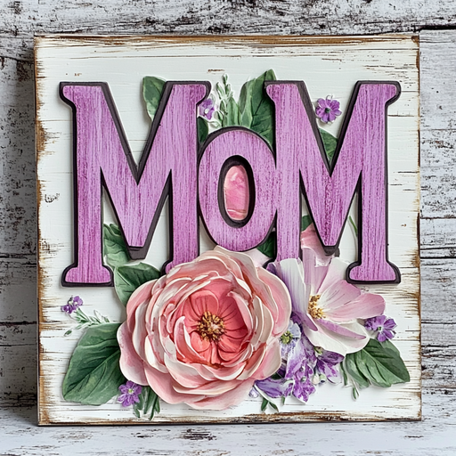 The 10 x 10 Vintage 3D Mom Sign TTE-218 features large pink and purple MOM letters with a painted rose and daisies on a white distressed background.