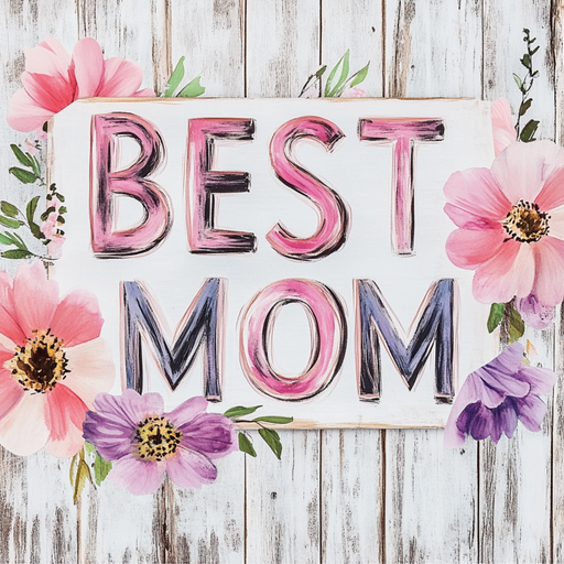 The 10 x 10 Vintage Best Mom Sign TTE-220 features pink and purple text, colorful flowers, and greenery on a rustic white wooden background—a charming décor piece to celebrate moms.