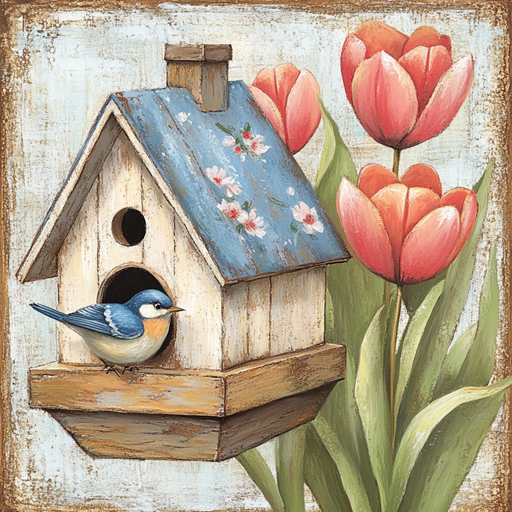 The 10 x 10 Vintage Birdhouse Sign TTE-211 captures a charming scene of a painted birdhouse adorned with floral details and a small bird at the entrance, all set against vibrant pink tulips and green leaves, evoking timeless garden decor against a rustic background.