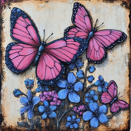 The 10 x 10 Vintage Pink Butterflies Sign TTE-209 features two large pink butterflies and a smaller one hovering over blue and purple flowers on a textured beige background. Its rustic, painted style boasts vibrant colors and intricate details, embodying vintage charm.