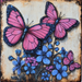 The 10 x 10 Vintage Pink Butterflies Sign TTE-209 features two large pink butterflies and a smaller one hovering over blue and purple flowers on a textured beige background. Its rustic, painted style boasts vibrant colors and intricate details, embodying vintage charm.