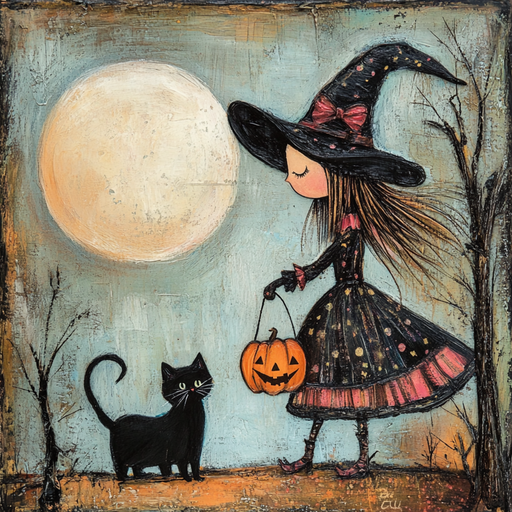 A whimsical girl in a black witch costume and hat holds a jack-o-lantern basket, walking with her black cat under a full moon—perfect for the 10 x 10 Vintage Cat & Witch Sign TTE-309.