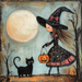 A whimsical girl in a black witch costume and hat holds a jack-o-lantern basket, walking with her black cat under a full moon—perfect for the 10 x 10 Vintage Cat & Witch Sign TTE-309.