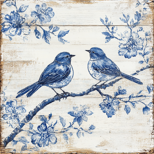 The 10 x 10 Vintage Chinoiserie Birds Sign (TTE-181) features two blue birds on a branch with blue floral patterns against a rustic wooden background, echoing the charm of traditional blue and white porcelain designs.